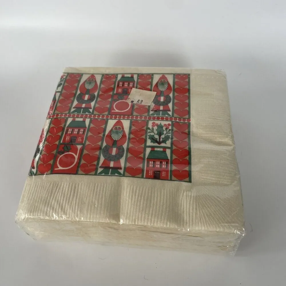 NOS Vintage Christmas Cocktail Napkins Package Of 50 Folk Art Santa Wreath New